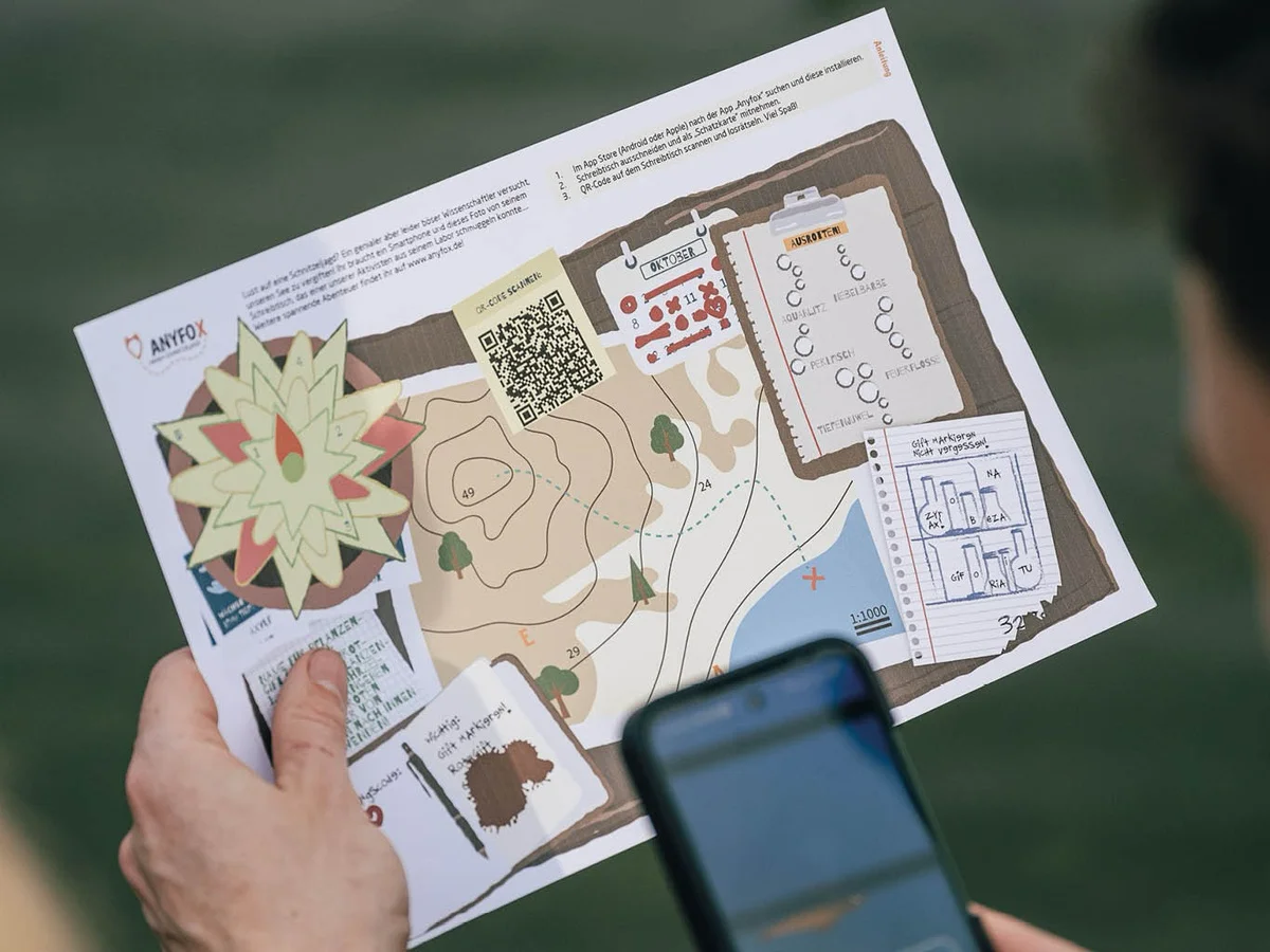 Personalisierte Schatzkarte mit QR-Code für eine Handy-Schnitzeljagd.